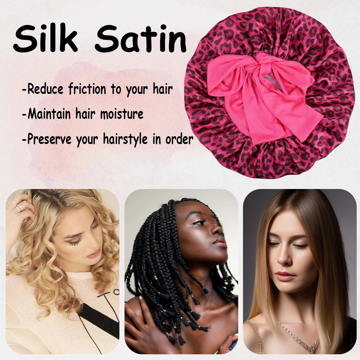 Silky Satin Sleep Bonnet Leopard Print Adjustable Tie Band Hair Cover