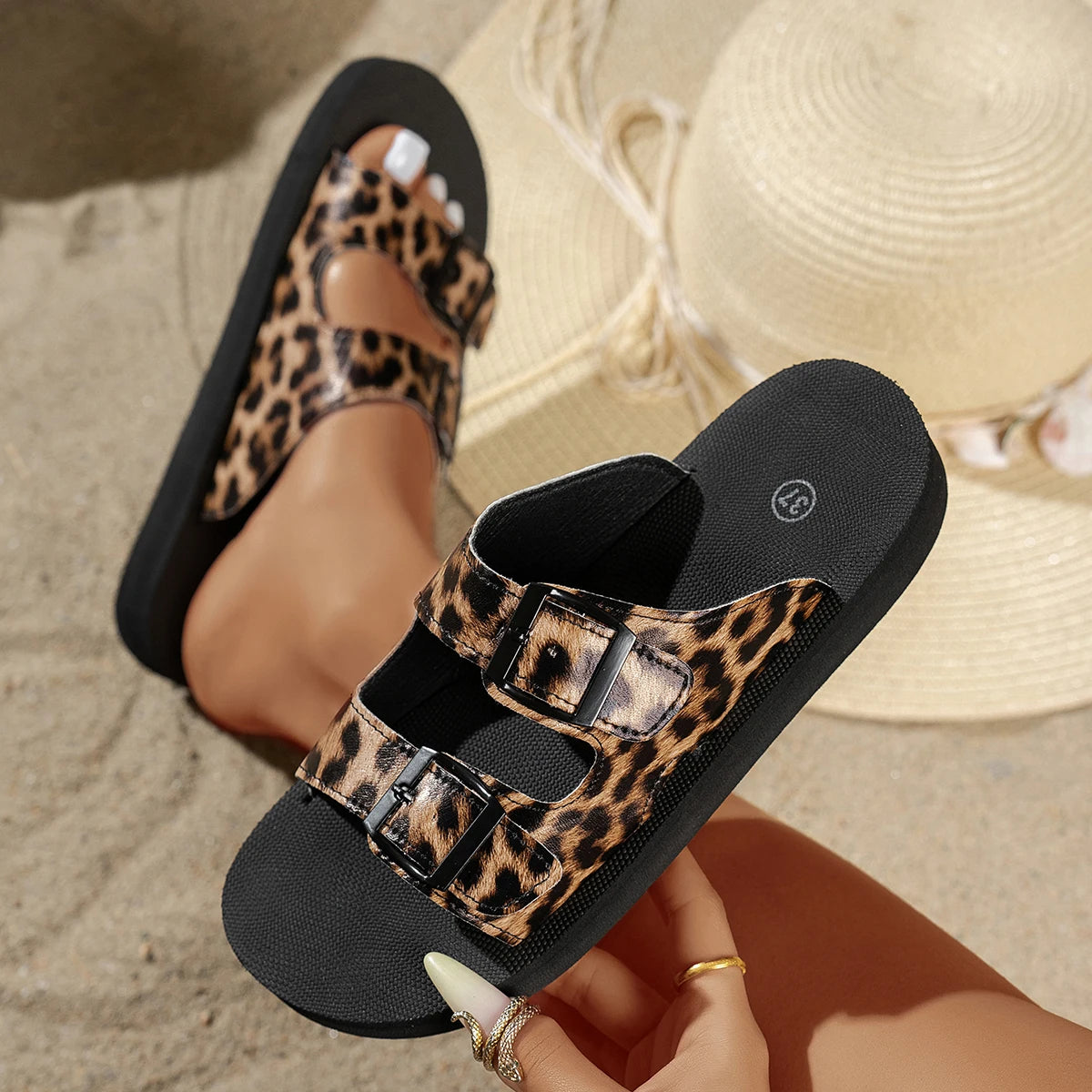 Summer Sexy Leopard Print Buckle Women's Sandals Beach Vacation Daily