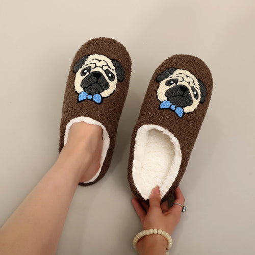 A Pair of Brown Pug Pet Embroider Pattern Plush Home Soft-Soled