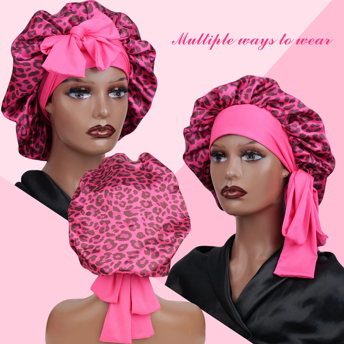 Silky Satin Sleep Bonnet Leopard Print Adjustable Tie Band Hair Cover