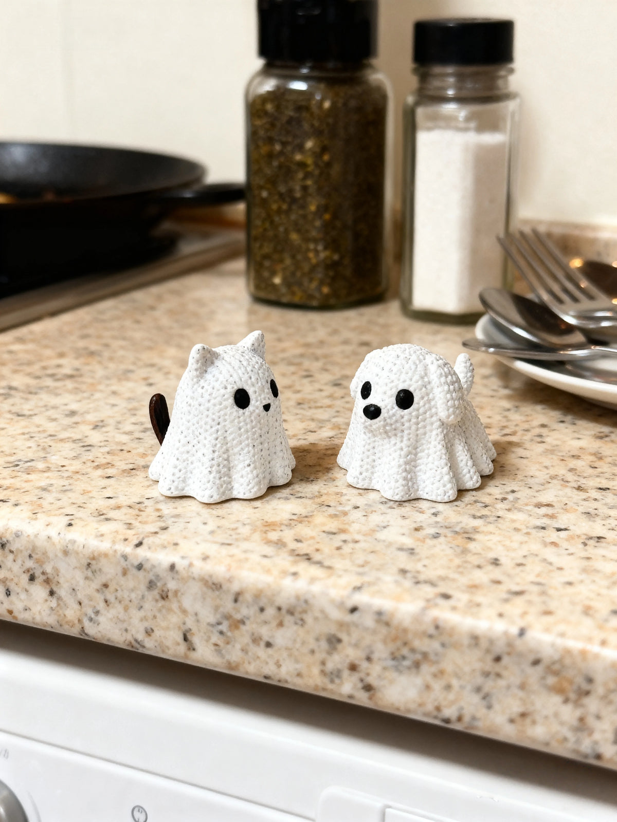 2 pieces - Ghost Cat and Ghost Dog holiday statue decorations, made of