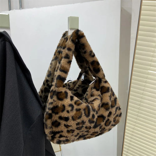 Stylish Leopard Pattern Tote Bag Soft Plush Handbag Underarm Shoulder