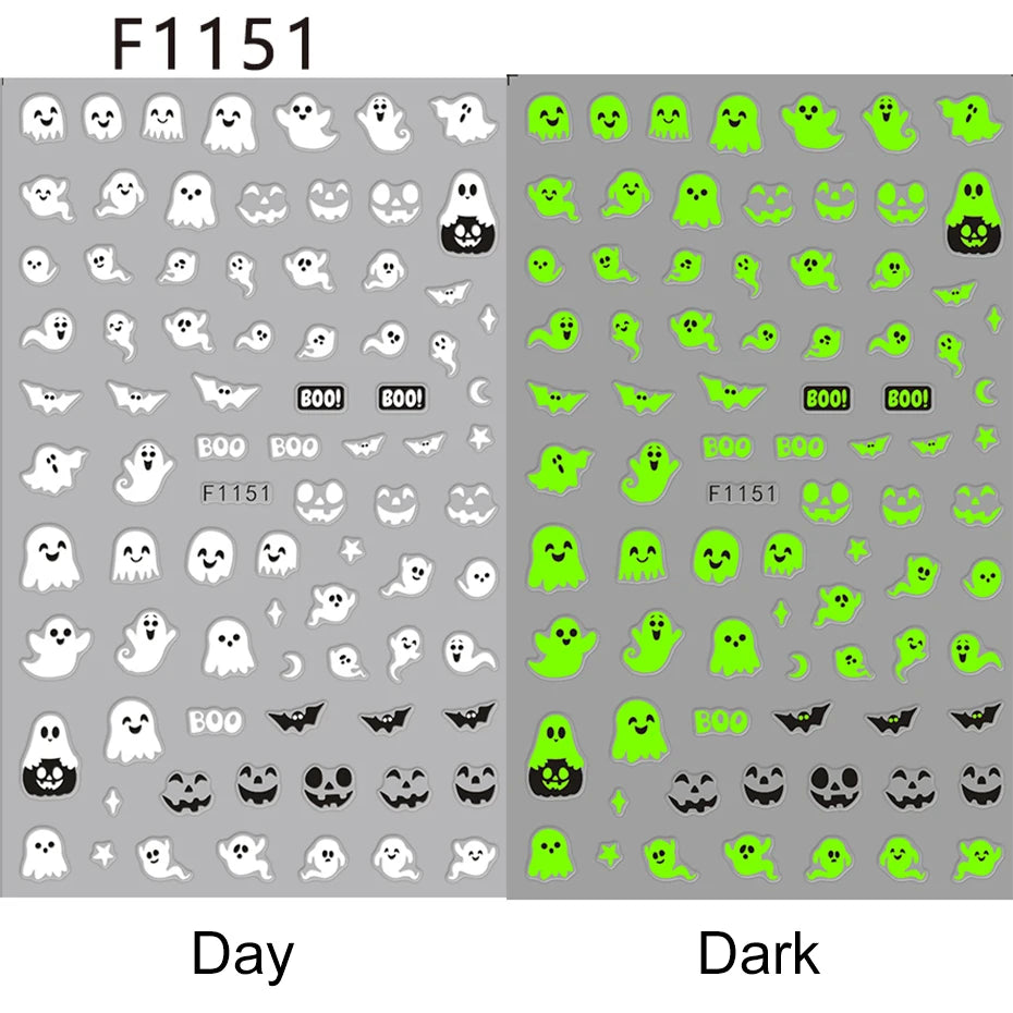 2pcs Luminous Halloween Spooky Nail Stickers White Ghost Pumpkin