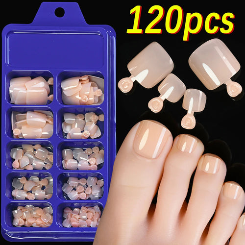 120Pcs 9-Colors French Fake Toenails Summer Short Sqaure Press On Toe