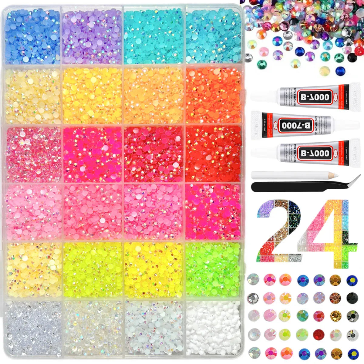 Shiny Flatback Rhinestones Kit with B 7000 Glue Tweezers Picker Pen