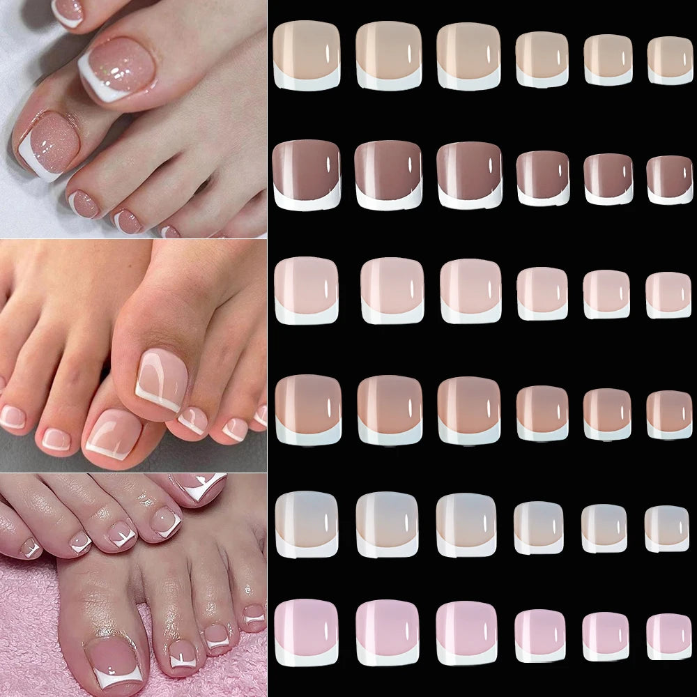120Pcs 9-Colors French Fake Toenails Summer Short Sqaure Press On Toe